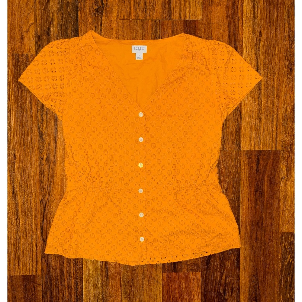 J.Crew Women Orange Eyelet Button Down Peplum Top V-Neck Short Sleeve Size 2